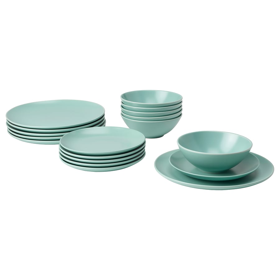 FÄRGKLAR
18-piece dinnerware set, matte light turquoise